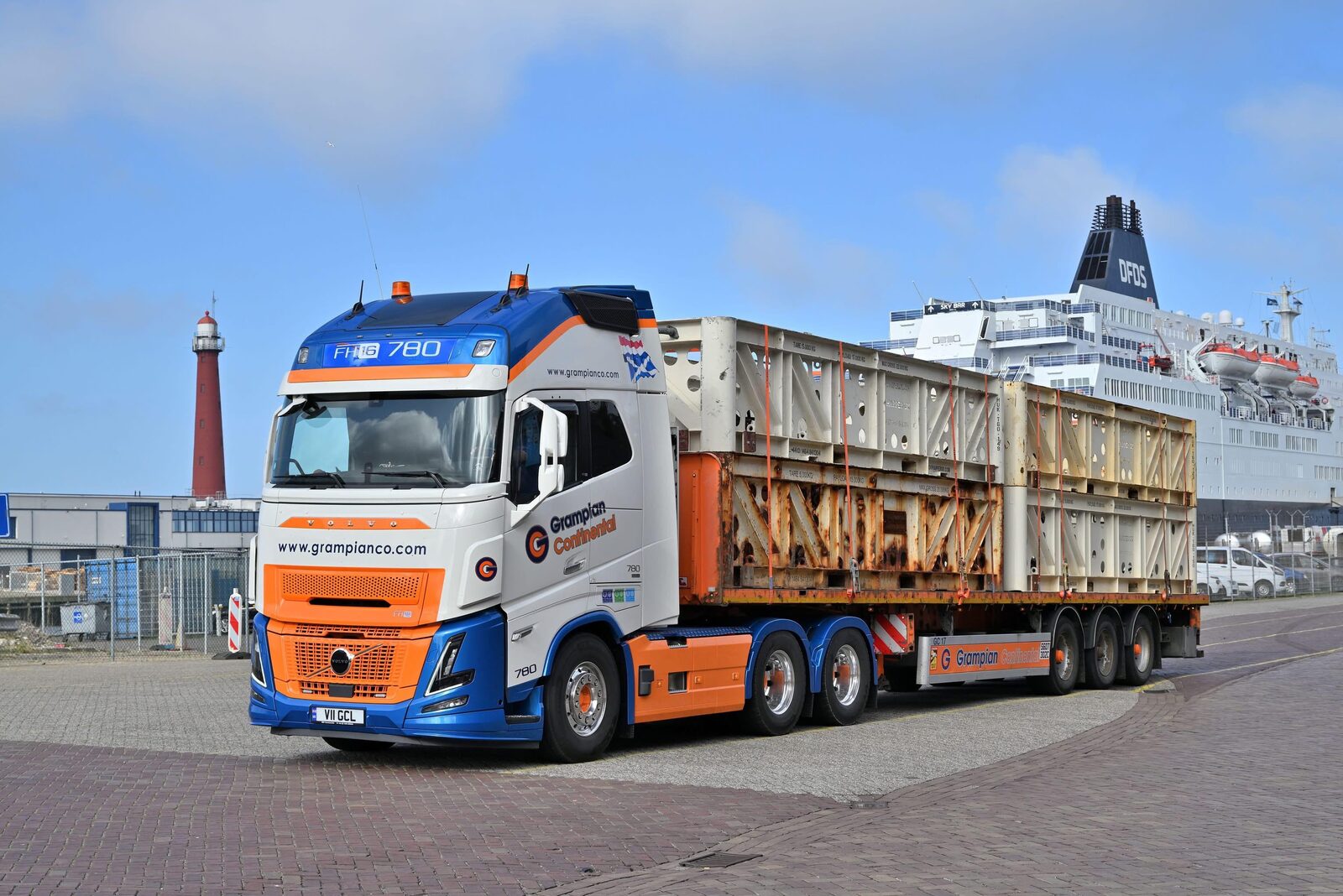 Grampian Continental heavy haulage vehicle beside the port
